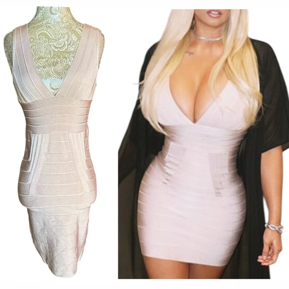 Sexy Stretch Beige Cream Heavy Bandage Mini Dress Plunge Neck Club Size Large - Picture 1 of 10